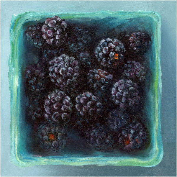 fresh blackberries in a turquoise farmers market box. Art Print of my fruit still life oil painting.