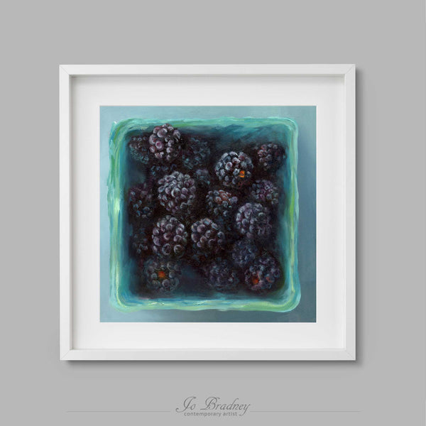 Fresh Blackberries in a teal green market box. This archival art print of my fruit still life oil painting is shown in simple white picture frame.