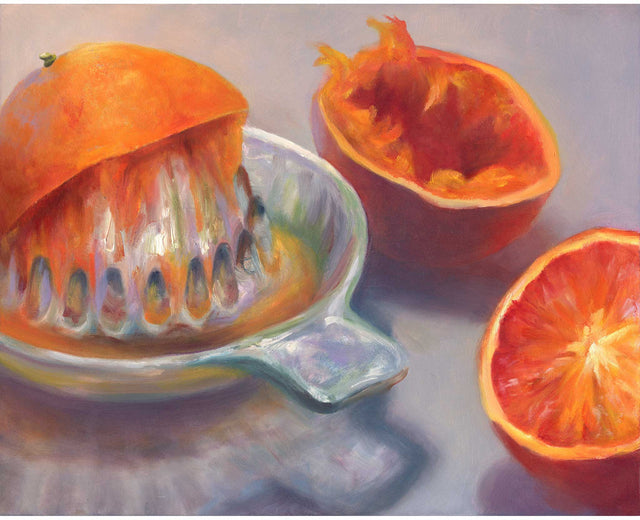 oil painting fruit still life of juicy oranges and glass reamer, for fresh squeezed breakfast OJ