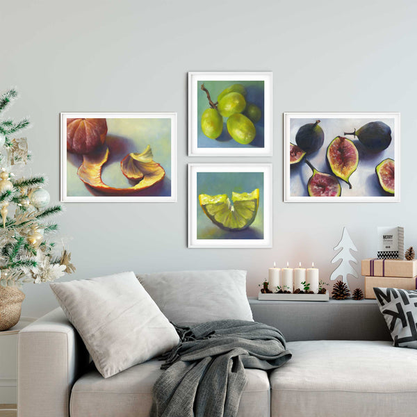 Subtle Christmas wall art decor of seasonal food. Fruit art print of green grapes, figs, clementine and lemons for living room winter holiday decor.