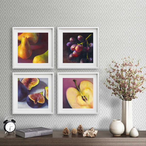Half an apple painting as part of a Plum and Pink Fall Decor art print set of four, on a cottagecore living room wall.