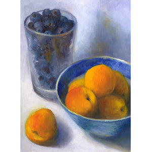 Apricots and a Pint of Blueberries - fruit still life oil painting Art Print - by Jo Bradney of Galleria Fresco