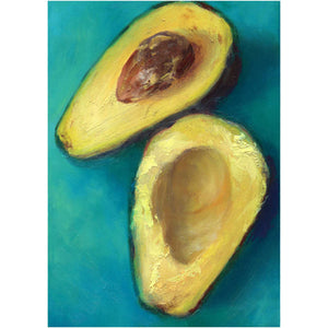 A fresh avocado, halved and twisted on a dark turquoise background. This is a giclee art print on museum qulaity paper of my original vegetable still life oil painting by artist  Jo Bradeey
