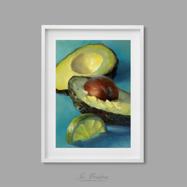 Turquoise avocado and lime art print. This archival art print of my fruit and vegetable still life oil painting is shown in simple white picture frame.