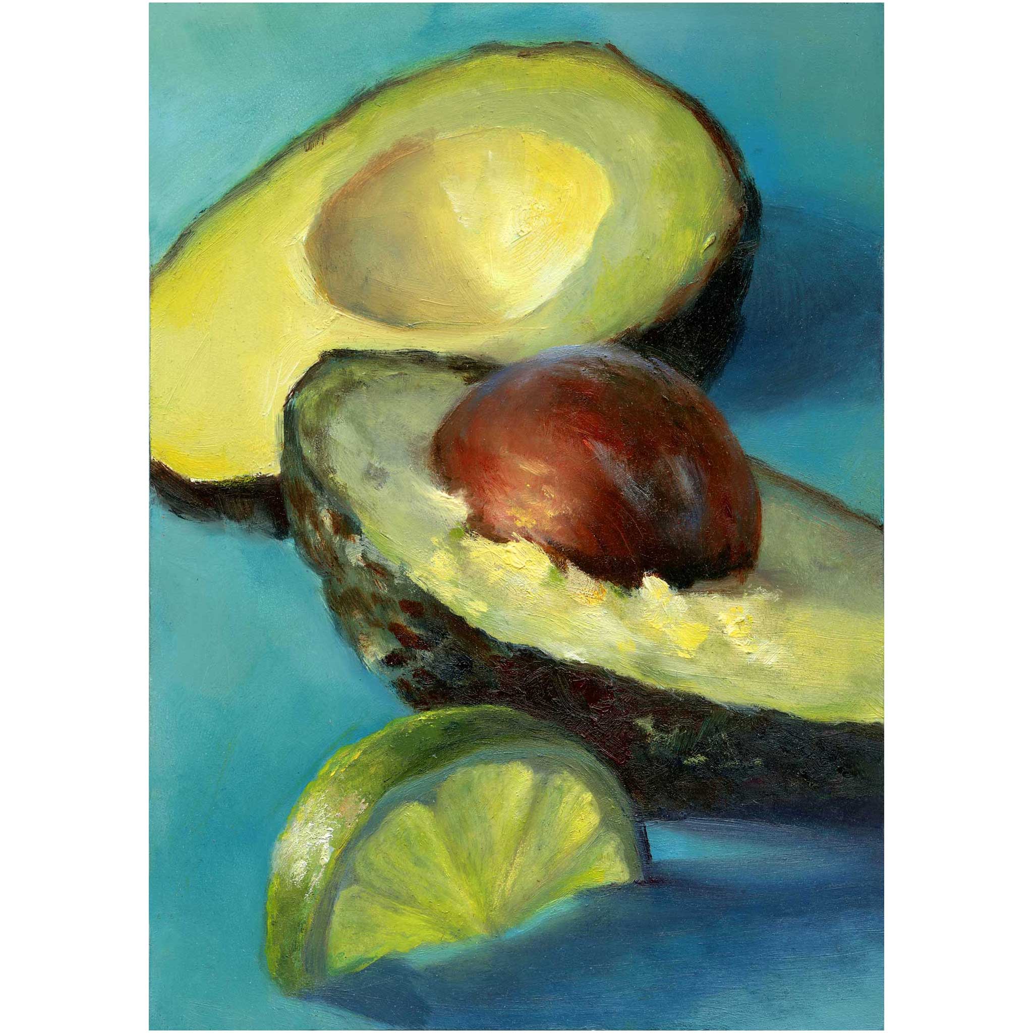 A fresh cut avocado and a slice of lime on a soft turquoise backgroud. This is a giclee print on museum quality paper of my original fruit and vegetable still life oil painting by artist Jo Bradney