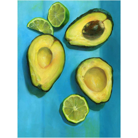 Creamy yellow halves of avocado andfresh sliced limes dripping on a bright stripy turquoise background. This is a giclee fine art print from my original vegetable still life oil painting. by artist Jo Bradney