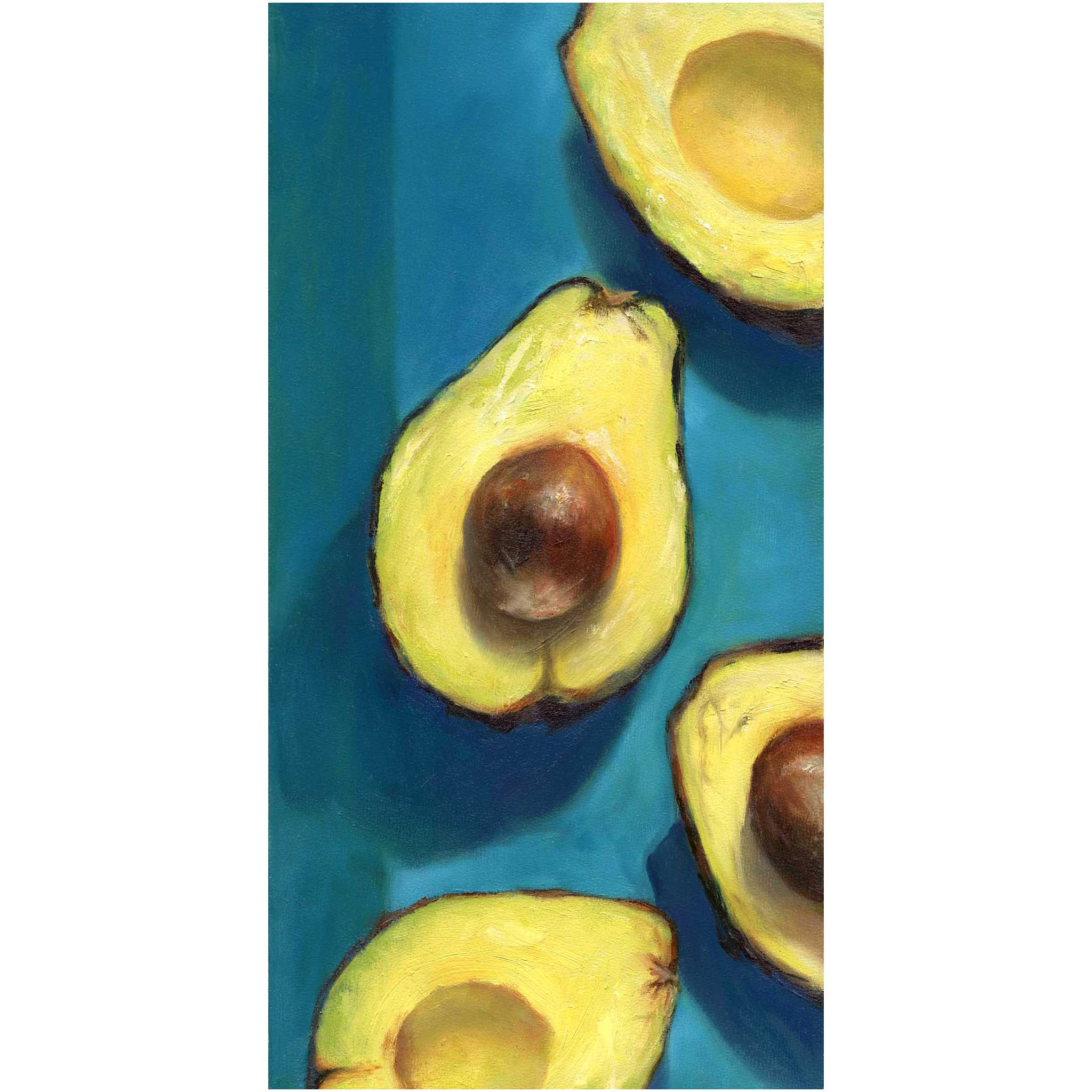 halves of yellow avocado dance across a dark turquoise blue green background. This is a giclee art print of my vegetable still life oil painting by artist Jo Bradney