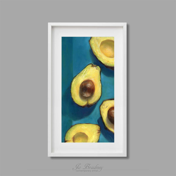 Creamy yellow and turquoise blue oil painting art print. This archival art print of my tall narrow vertical still life oil painting is shown in simple white picture frame.