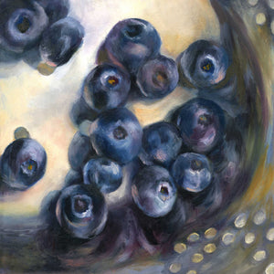  Fresh summer blueberries, washed and draining in a silver grey colander. This is a square, archival print of my realistic fruit still life oil painting. The original artwork is sold.