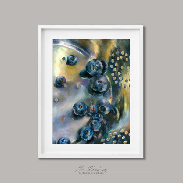 Fresh summer blueberries in a silver strainer. This archival art print of my fruit still life oil painting is shown in simple white picture frame.