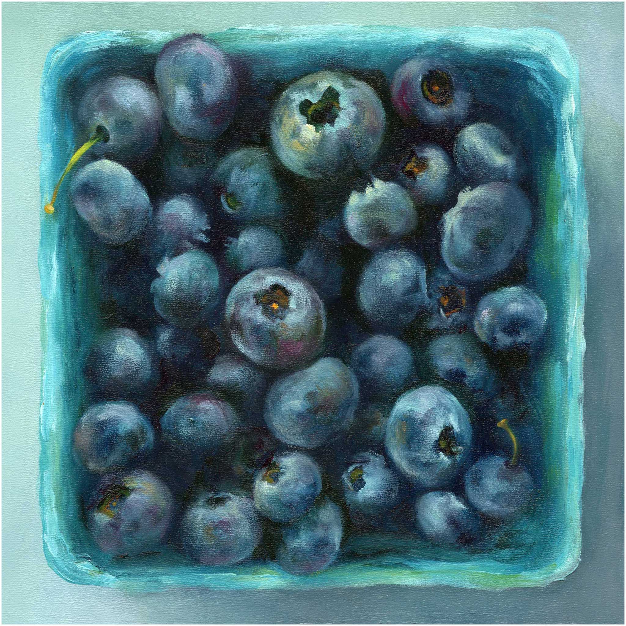 Fresh summer blueberries in a turquoise green berry box, fresh from the farmers market. This is an art print of my fruit still life oilpaintig by Jo Bradney