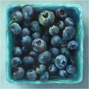 Fresh summer blueberries in a turquoise green berry box, fresh from the farmers market. This is an art print of my fruit still life oilpaintig by Jo Bradney