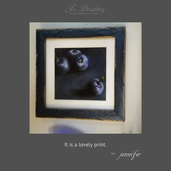 Dark blueberry art print framed by a customer in a rustic black picture frame. Customer Jennifer's review - it's a lovely print