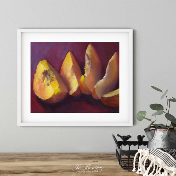 A peach art print in a simple, elegant white picture frame on a dining room or living room wall. There are flowers in a teapot on a metal tray set on a wood table. The smallest horizontal print is 4x6 inches, the largest is 11x14 inches.