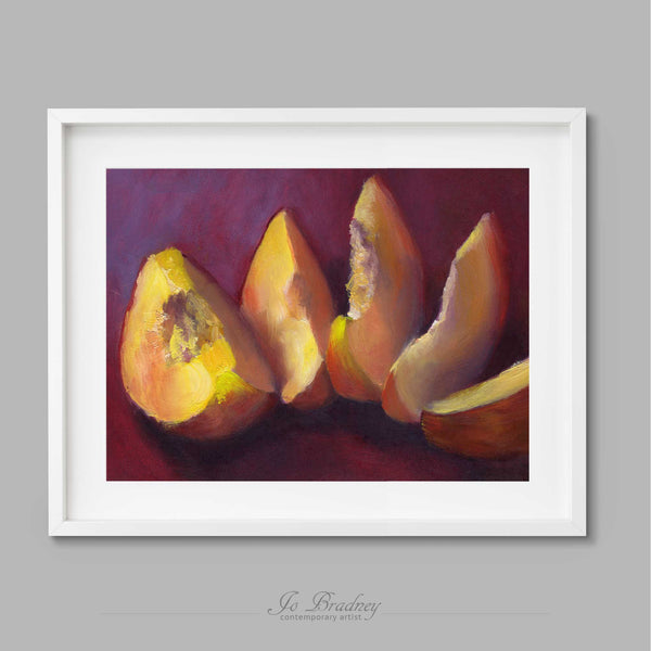 Sliced orange peach on a rich purple and burgundy red background. This archival art print of my fruit still life oil painting is shown in simple white picture frame.