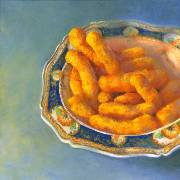 An elegant blue porcelain bowl filled with crunchy orange cheese puffs, is a quirky twist on a traditional still life. This is an archival giclee art print of my realistic oil painting of modern snack food. The original artwork is sold.