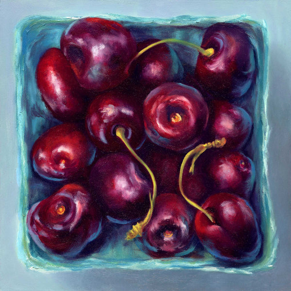 Deep burgundy red cherries in a turquoise blue farmers marker box. Seen from the top down tofocus on the fresh summer fruit. This is an art print of my original still life oil painting.