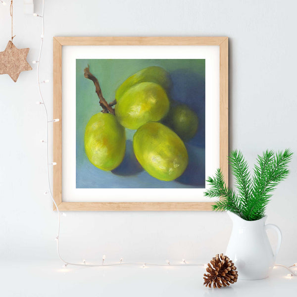 Subtle Christmas wall art decor of seasonal food. Fruit art print of green grapes for dining room or kitchen.