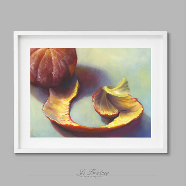 Winter clementine peeling on a pale blue background. This archival art print of my fruit still life oil painting is shown in simple white picture frame.