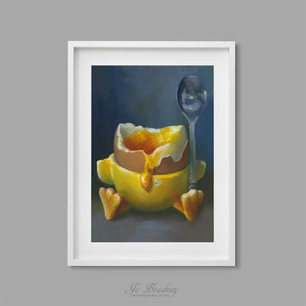 A soft boiled egg, crying one egg yolk tear in a chicken eggcup on a dark indigo blue background. This archival art print of my food still life oil painting is shown in simple white picture frame.