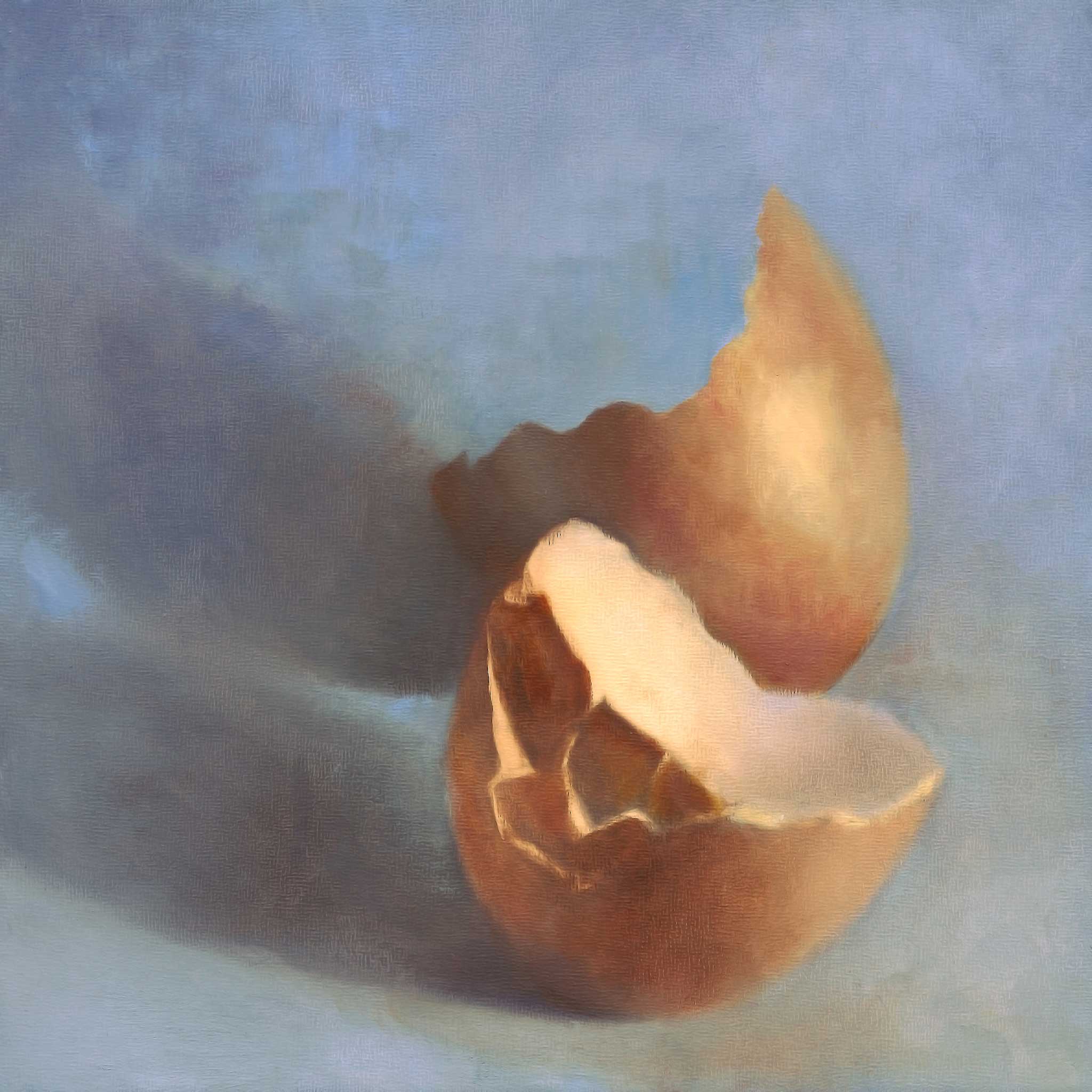 a warm brown eggshell, broken on a soft pastel blue background. This is a giclee print  on archival paper of my realistic oil painting food still life. The original artwork is sold.