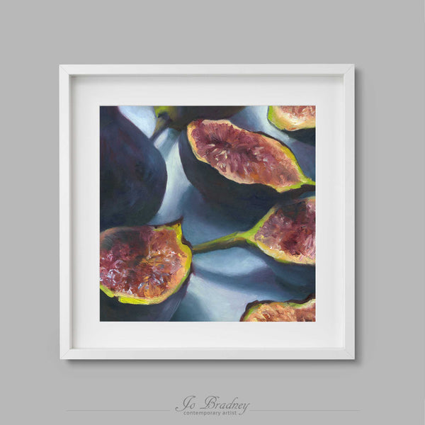 A dark purple and pink Mission figs, cut and scattered on a pale blue background. This archival art print of my fruit still life oil painting is shown in simple white picture frame.