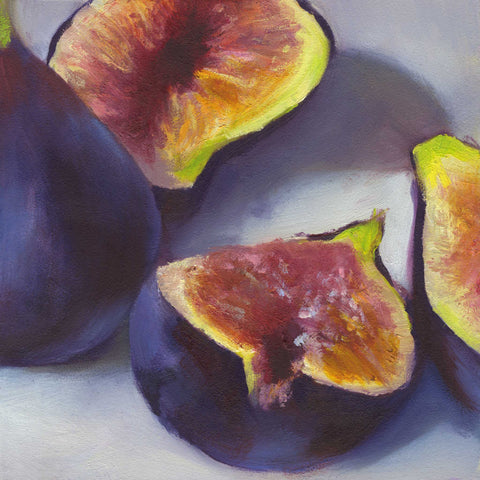 Fresh purple figs, cut to show the juicy pink fruit on a paleblue background. This is a giclee print of my realistic oil painting still life. The original artwork is sold.
