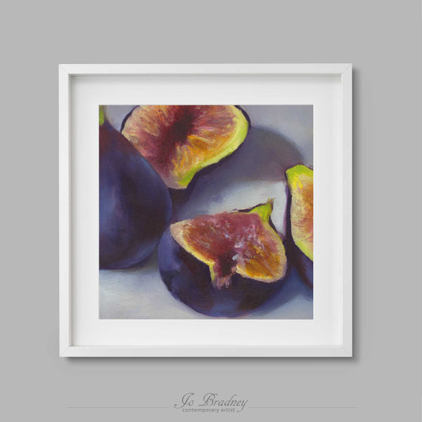 Fresh purple Mission figs oil painting still life. This archival art print of my fruit still life is shown in a simple white picture frame.