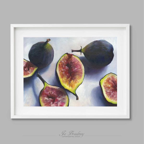 Fresh Black Mission Figs cut and scattered on a pale blue background. This archival art print of my fruit still life oil painting is shown in simple white picture frame.