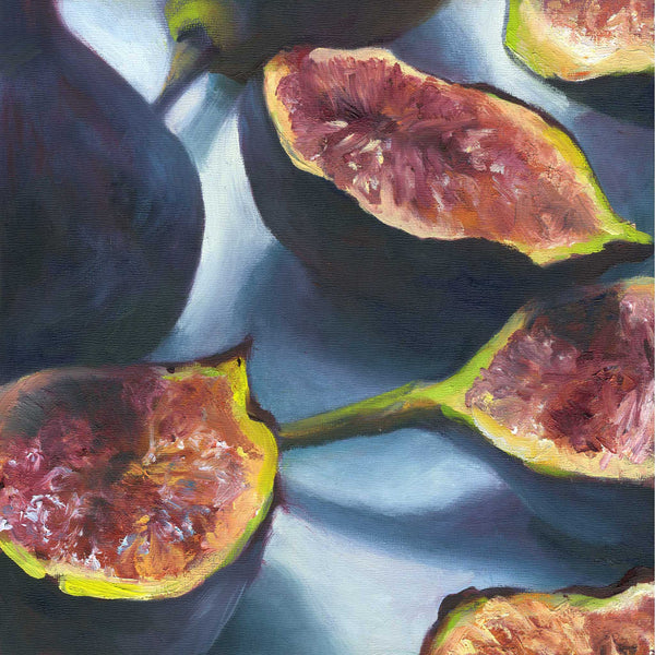 Dark Purple Mission figs, cut to show the pink fruit inside and scattered on a pale blue background. This is a giclee print of my realistic oil painting still life. The original artwork is sold.