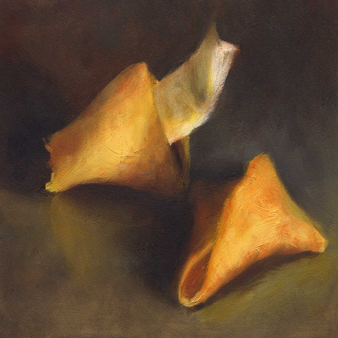 Emerging from a dark brown and olive green background, a golden yellow fortune cookie, cracked to show the message inside. This is a square archival art print of my snack food still life oil painting.