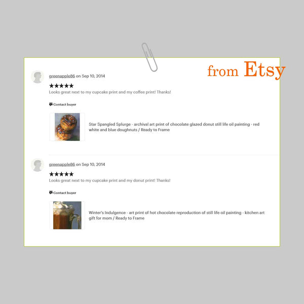 Five star customer review from greenapple86 on Etsy. Looks great next to my cupcake print and my coffee print! Thanks!