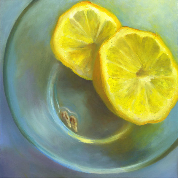 A fresh yellow lemon, pips and juice in an blue green glass bowl. This is a modern print on archival paper of my citrus fruit still life oil painting.