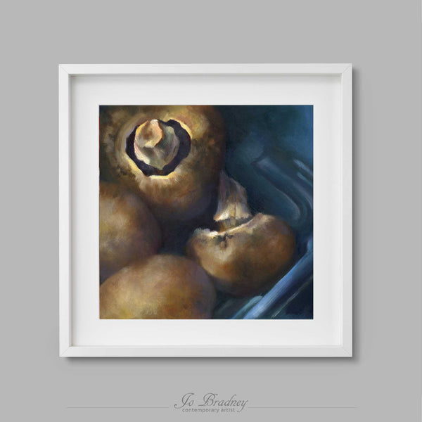 Edible, gourmet mushrooms is a plastic box. This archival art print of my vegetable still life oil painting is shown in simple white picture frame.