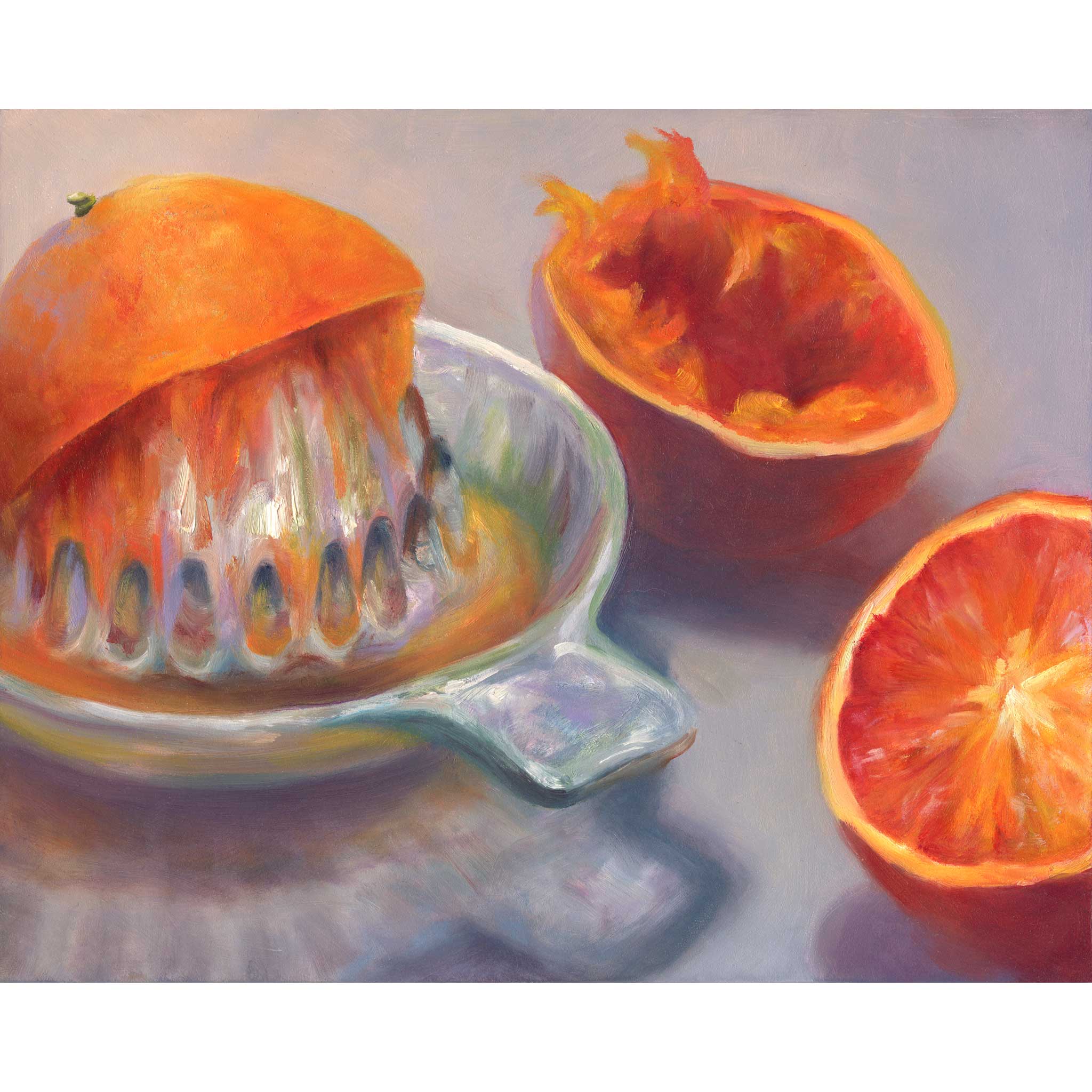 A glass juicer and juicy oranges, cut and squeezed for your breakfast OJ on a soft lavender gray background. This is a giclee art print of my original fruit still life oil painting by artist Jo Bradney 