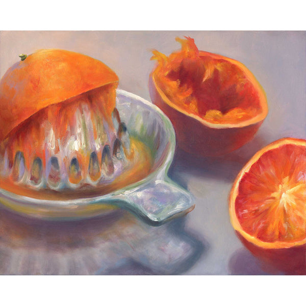 A glass juicer and juicy oranges, cut and squeezed for your breakfast OJ on a soft lavender gray background. This is a giclee art print of my original fruit still life oil painting by artist Jo Bradney 