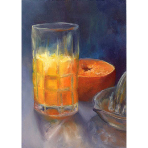 A glass of fresh squeeze orange juice with a juicer and half an orange on a dark indigo blue background. This is a giclee art print of my fruit still life oil painting by Jo Bradney