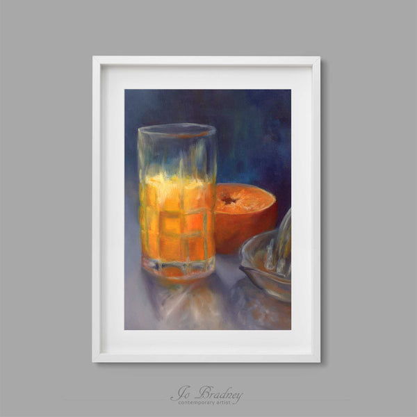 Fresh squeezed OJ in a glass against a dark indigo blue background. This archival art print of my  fruit still life oil painting is shown in simple white picture frame.