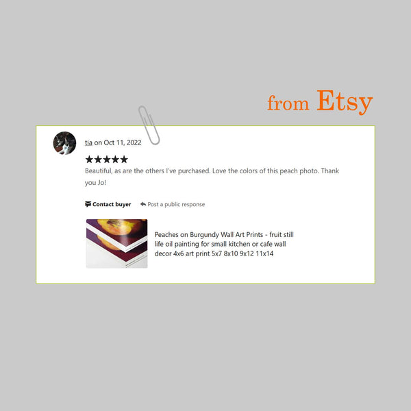 5 star customer review from Etsy. Tia writes - Beautiful, as are the others I've purchased. Love the colors of this peach photo. Thank you Jo!