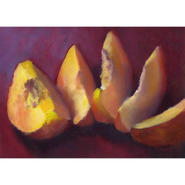 A warm yellow orange summer peach, sliced on a burgundy red and purple background. This is an art print of my fruit still life oil painting by artist Jo Bradney.