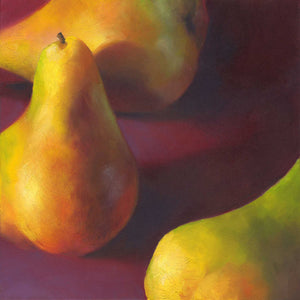 Three golden yellow pears scattered on a rich burgundy red background. This is an art print on archival paper of my realistic oil painting fruit still life. The original artwork is sold.