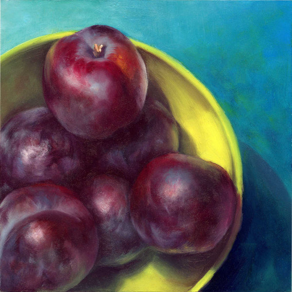 Dark purple plums in a lime green bowl on a turquoise blue background. This colorful art print is from my original fruit still life oil painting.