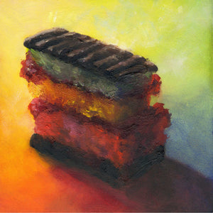An Italian Rainbow Cookie, triple layer cake with chocolate icing, on a fun colorful rainbow background.. This is a giclee print on archival paper of my realistic food oil painting still life. The original artwork is sold.