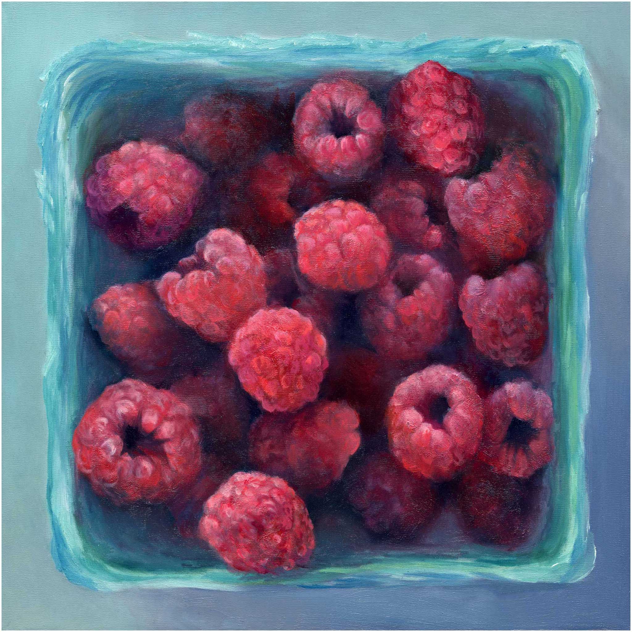 Soft pink raspberries in a teal box, fresh from the farmers market. This is a giclee art print from my original fruit still life oil painting, by Jo Bradney