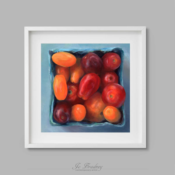 resh heirloom tomatoes in a teal farmers market box. This archival art print of my vegetable still life oil painting is shown in simple white picture frame.