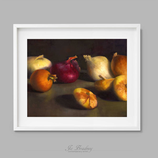 Red, yellow, brown and white onions on a dark black background. This archival art print of my vegetable still life oil painting is shown in simple white picture frame.