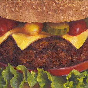 A close up view of a cheese burger in a bun, with melted cheese, yellow mustard, red ketchup, green pickle and lettuce. The tomato slice turns up to make a smile. This is a giclee print of my realistic food oil painting still life. The original artwork is sold.
