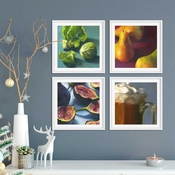 Four Christmas food art prints on a living room wall with an elegant Christmas display. The square prints are popular holiday gifts. They add a touch of elegance to your seasonal decor in the kitchen, dining room gallery or home bar.