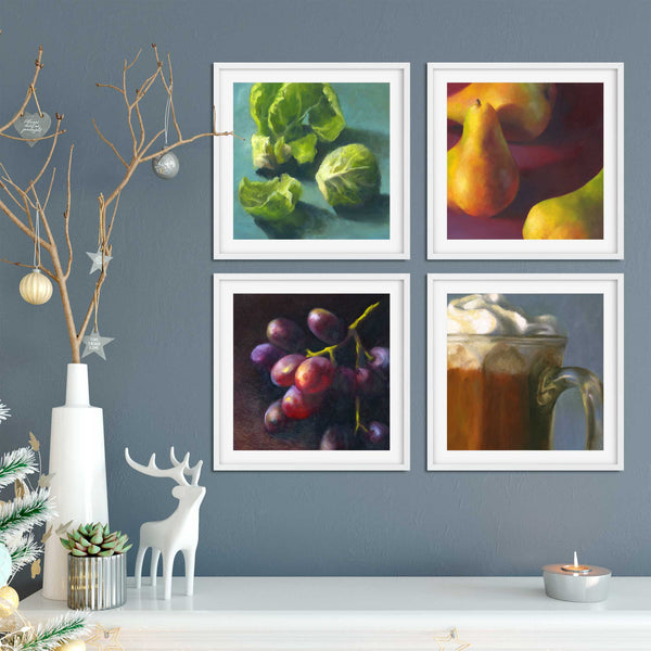 Four square Christmas food art prints of my oil paintings on a living room wall with an elegant Christmas display. They add a touch of elegance to your seasonal decor in the kitchen, dining room gallery or home bar.