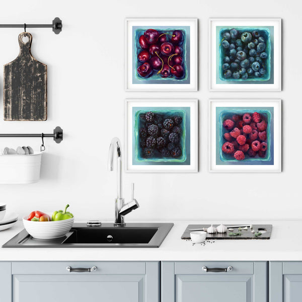 Summer Berry art print set of 4 square prints. Art gallery wall above a modern farmhouse kitchen sink, with rustic chopping board and fresh vegetables. 